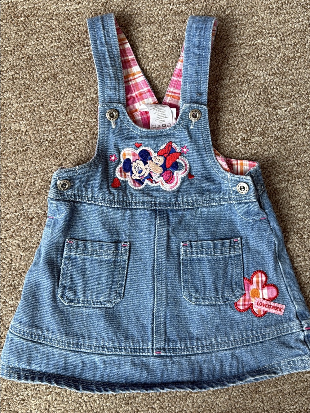 Vintage Disney Denim Overall Dress with Minnie & Pink Plaid Lining